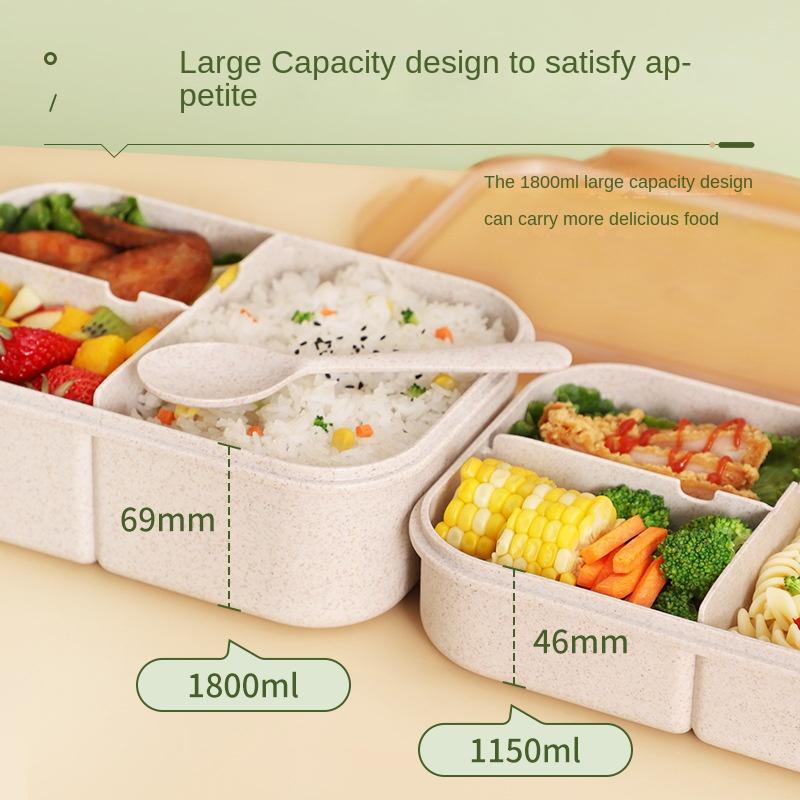 Wheat Straw Large-capacity Lunch Box with Fork Spoon Adult Bento Box Square Compartment Fresh-keeping Box