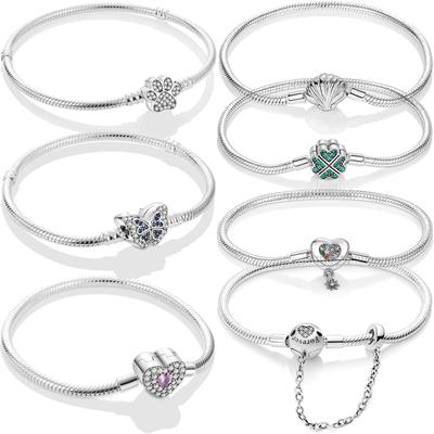 925 Silver Butterfly Shell Print Clover Family Heart Clasp Shiny Snake Chain Bracelet Fit Original Charm Beads Jewelry