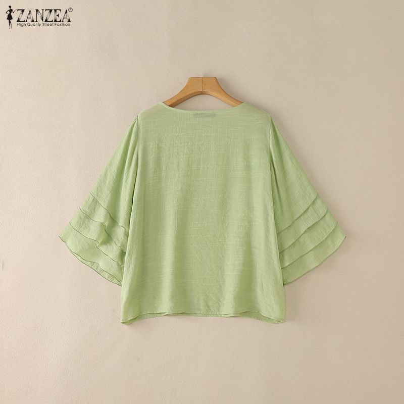ZANZEA Blusa da Donna Casual Girocollo Monocolore con Volant Manica 3/4 Larga