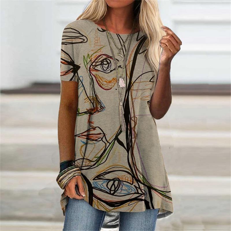 Abstract Face Graphic 3D Print T-shirt Summer Streetwear Retro Women Short Sleeve T Shirts Y2K Tops Woman Tee Oversized Clothing