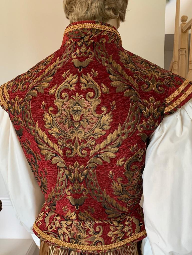 New !!! Adult Men Renaissance Tudor Elizabeth Vest Costume Pirate Colonial Red And Gold Brocade Jerkin Vest Costume Custom Made