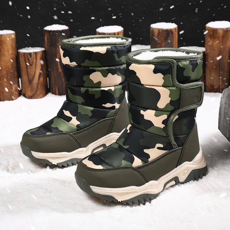 Kids Winter Warm Snow Boots Boys Girls - Camo Mid-Calf Waterproof Fleece-Lined Cotton Shoes