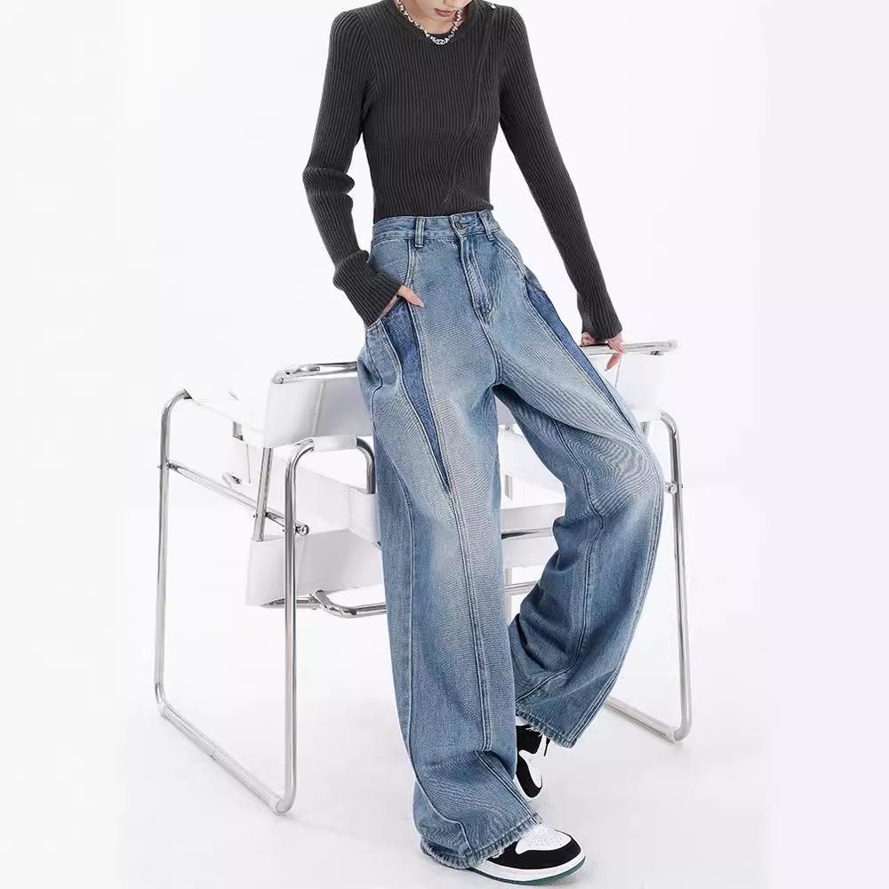 Women’s Plus Size Retro Loose Jeans: Contrast Splicing, Straight-Leg, Floor-Length, Perfect for Spring and Autumn
