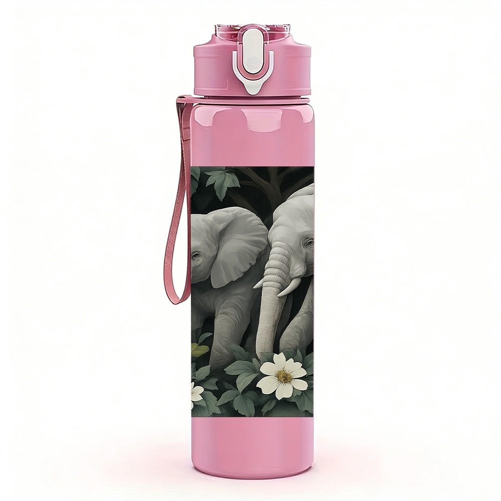 1PC Two Wild Elephant Watercolor Bust 750ml Color Plastic Sports Water Bottle Leakproof Flip Straw Lid For Sports Office Home Use