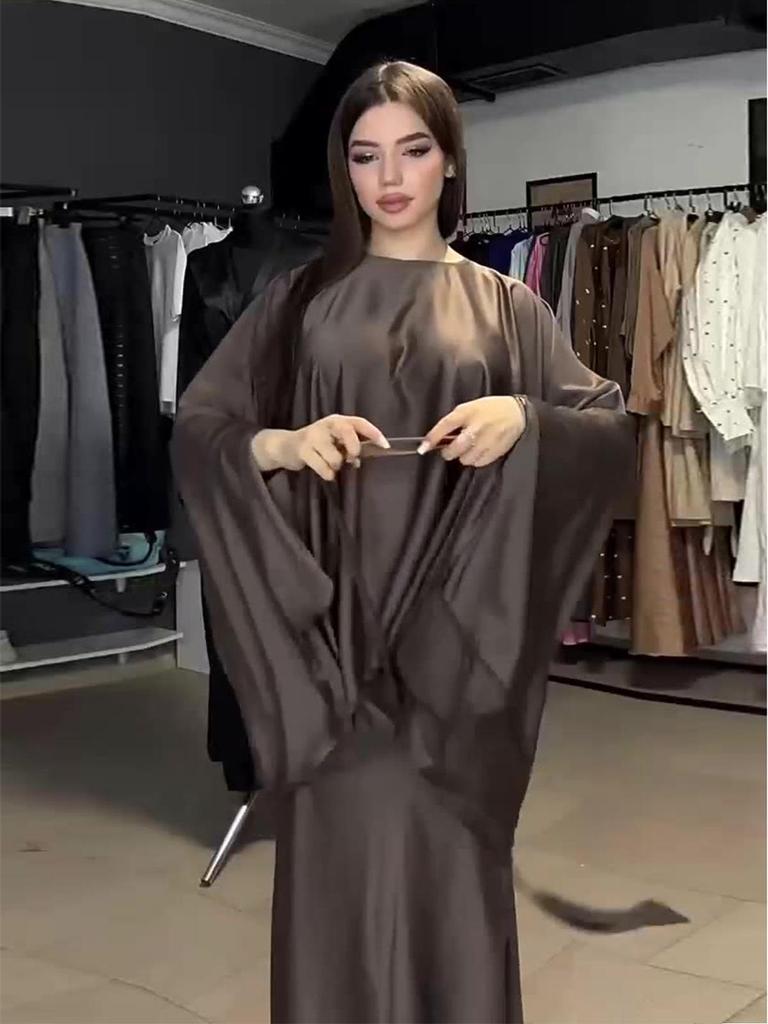 2024 Spring Drapey Satin Round Neck Dress with Batwing Sleeves and Tie Waist