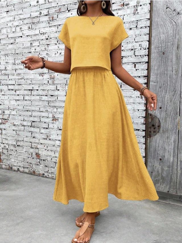 2026 summer fashion casual European and American cross-border 2-piece set women's solid color short-sleeved top and casual A-shaped skirt set