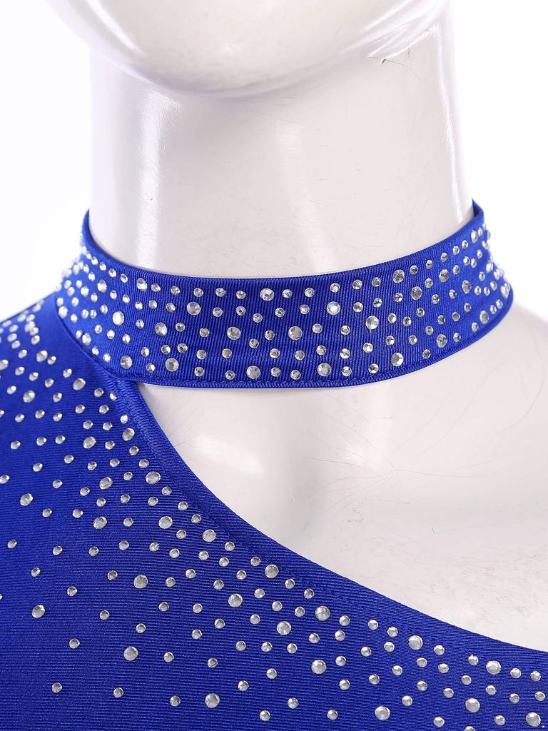 Womens Latin Dance Crop Top Single Long Sleeve Asymmetrical Shoulder Sparkly Rhinestone Top Belly Dancewear