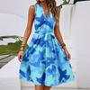 Vestido midi casual feminino primavera e verão, decote em V, sem mangas, cintura, estampa floral