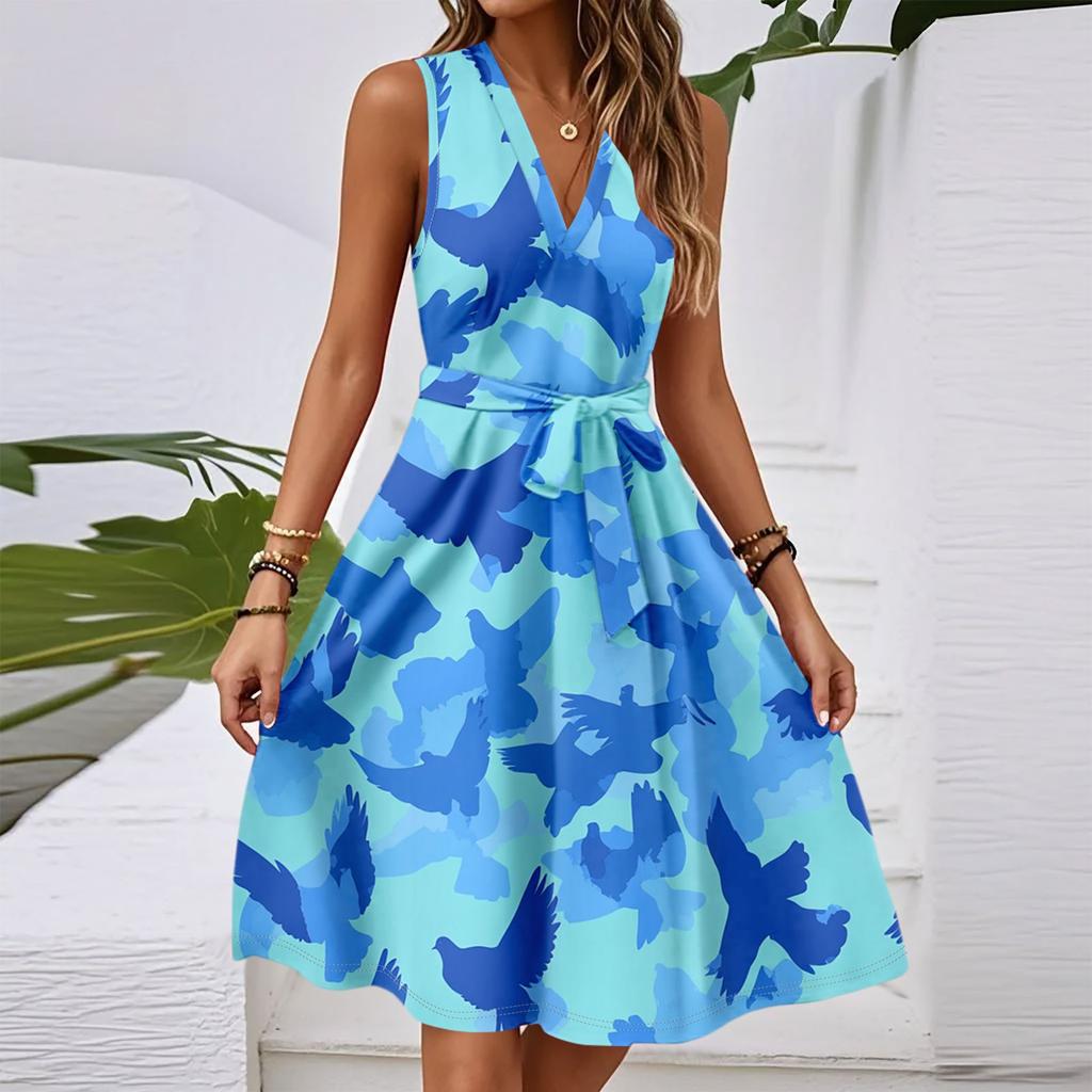 Vestido midi casual feminino primavera e verão, decote em V, sem mangas, cintura, estampa floral