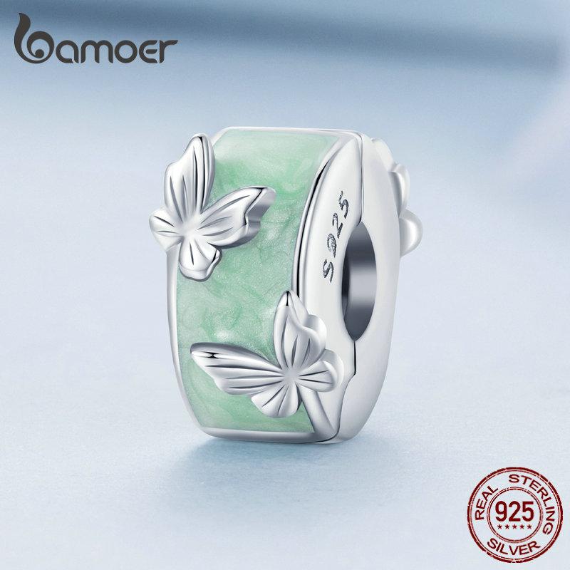 

BAMOER, стерлингового серебра 925 пробы, мятно-зеленая эмаль, клипса-бабочка, подвески, круглые бусины для женщин, оригинальный серебряный браслет, ювелирные украшения 925 silver