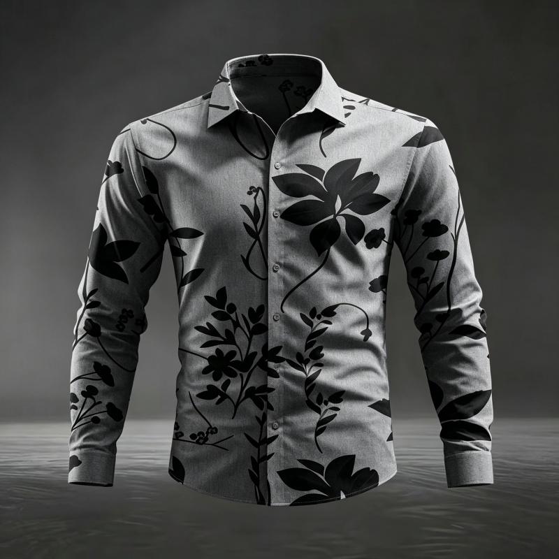 Herren Floral Leaf Print Langarmhemd Mode Slim Fit Button-Down Lässige Blusen Tops