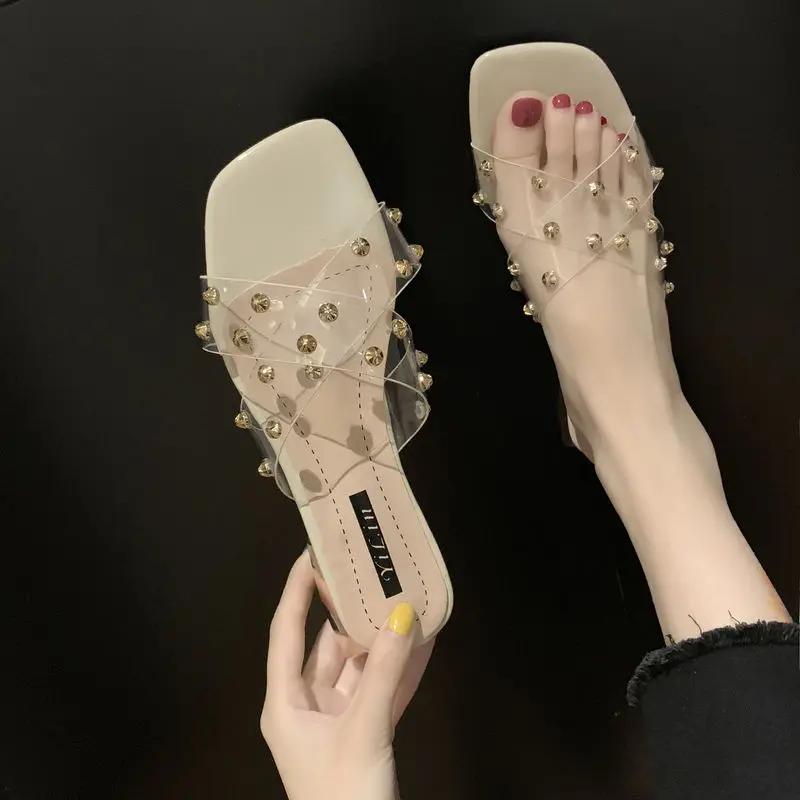 Open Toe Sexy Low Heel Woman Slippers Transparent Job Shoes for Women Sandals Off White Clear Outside Slides New Style I Trend Y