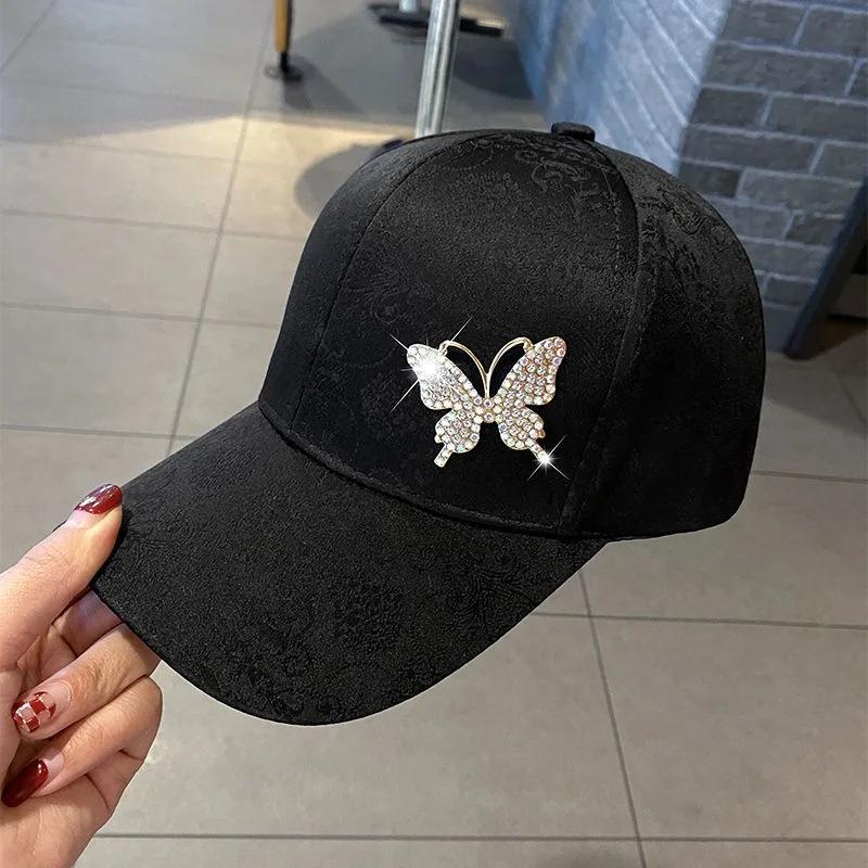 2025 New Ladies Summer New Versatile Cap Rhinestone Butterfly Sweat Absorbing Sunscreen Sun Hat Fashion Versatile Baseball Cap