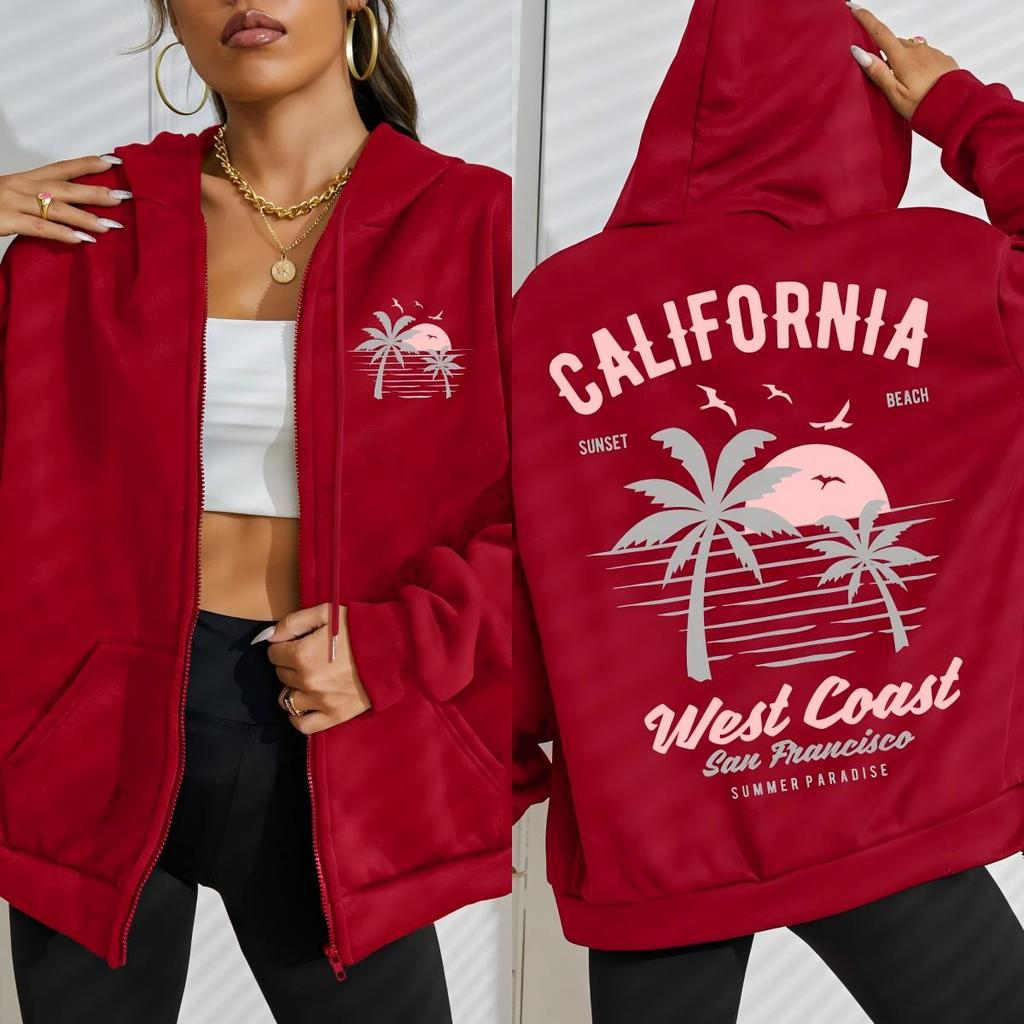 California West Coast Beach Sunsets Pattern Women Zipper Hoody Fashion Autumn Hoodie Pocket Streetwear Fleece Loose Top