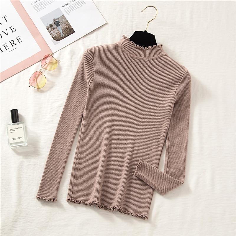 Autumn and winter new solid color pullover fungus edge bottoming knitted sweater women's slim and thin semi-turtleneck sweater women's