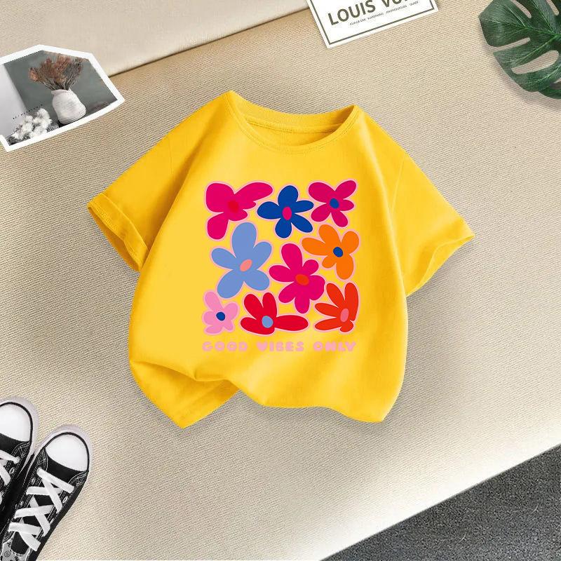 Summer Baby Children Sweet T-shirt Flower Printed Top Kids Clothes Baby Girls Cute Short Sleeve Crewneck T-shirt Kid Wear