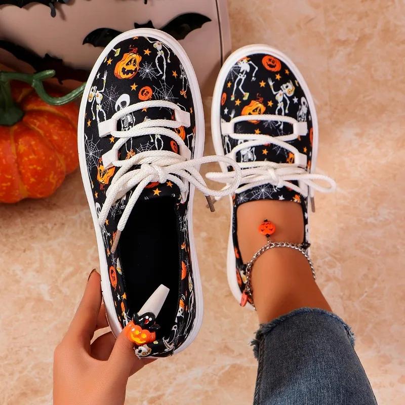 Loafers Women's Halloween Pumpkin Skull Graphic Print Lace-up Slip-On Flat Canvas plus size women shoes  zapatos de mujer