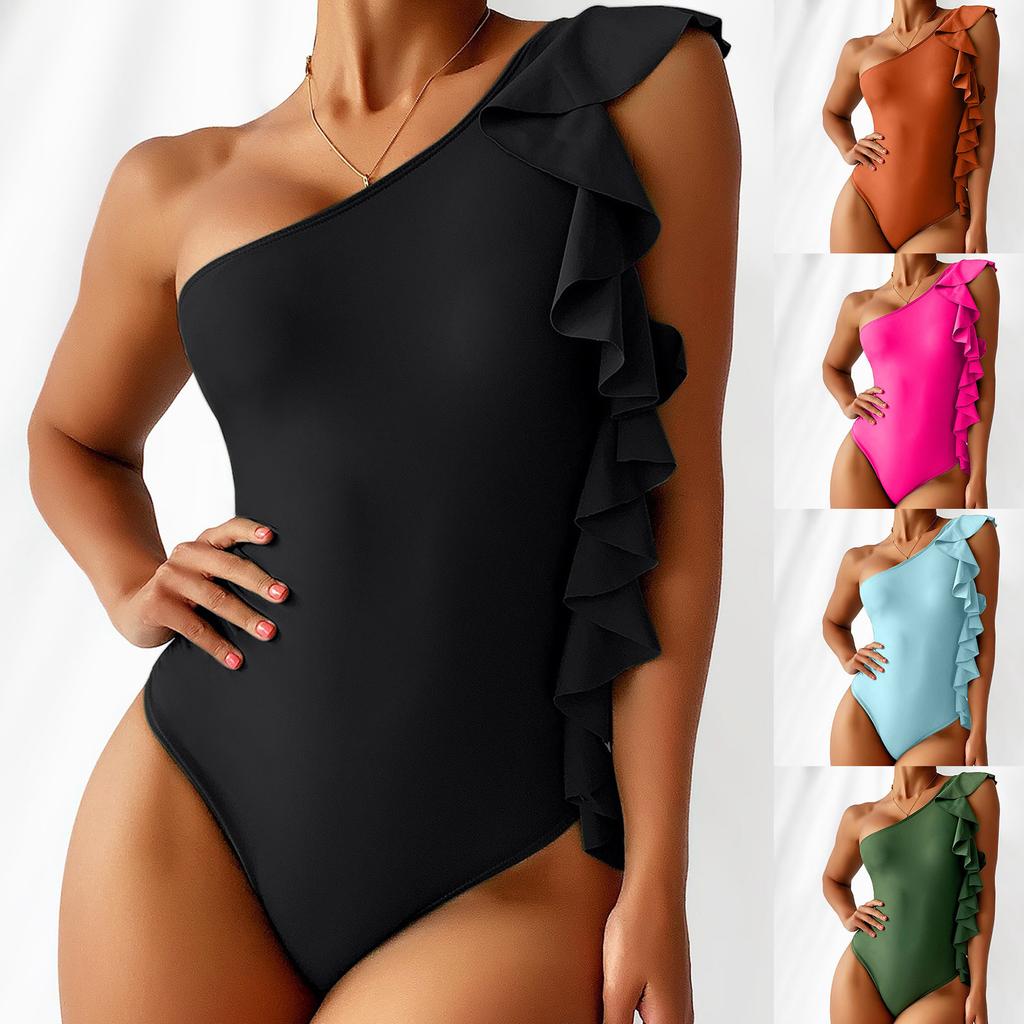 Women's Solid Color One-Piece Ruffle One Shoulder Bikini With Chest Pad Without Steel Bra Swimsuit