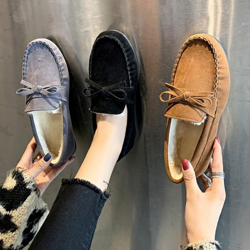 Cotton Shoes Women's New Flat Bottomed Bean Shoes with Velvet Women's Cotton Shoes Butterfly Knot Women's Shoes