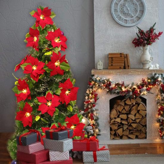 Yousheng Kamin Lichterkette Girlande LED Warmes Licht Kabellose Weihnachtskranz Girlande mit Blumen Feiertagsdekoration