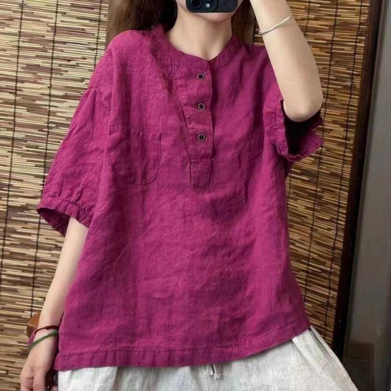 Retro Cotton Linen Short Sleeve Loose Summer Shirt