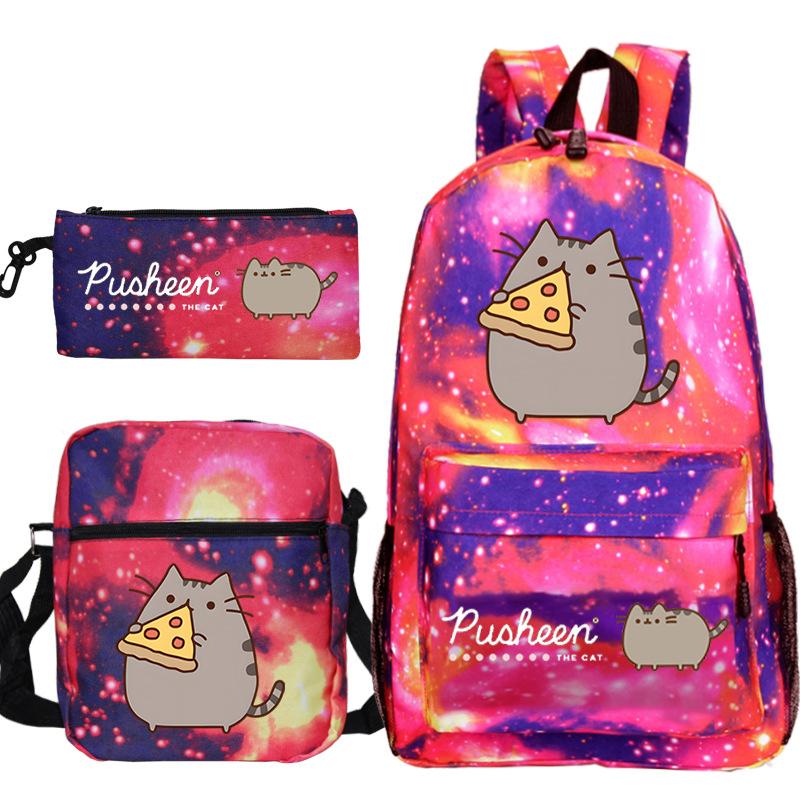 Pusheen fette Katze niedlicher Cartoon bedruckter Schulranzen grenzüberschreitende Studenten tragbare Umhängetasche Federmäppchen dreiteiliges Set