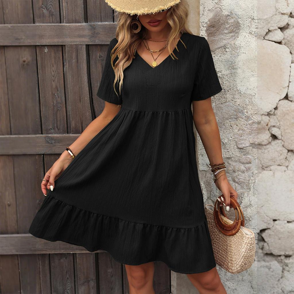 Women's Solid Color Summer Skirt Loose Casual Short Sleeve High Waist Dress