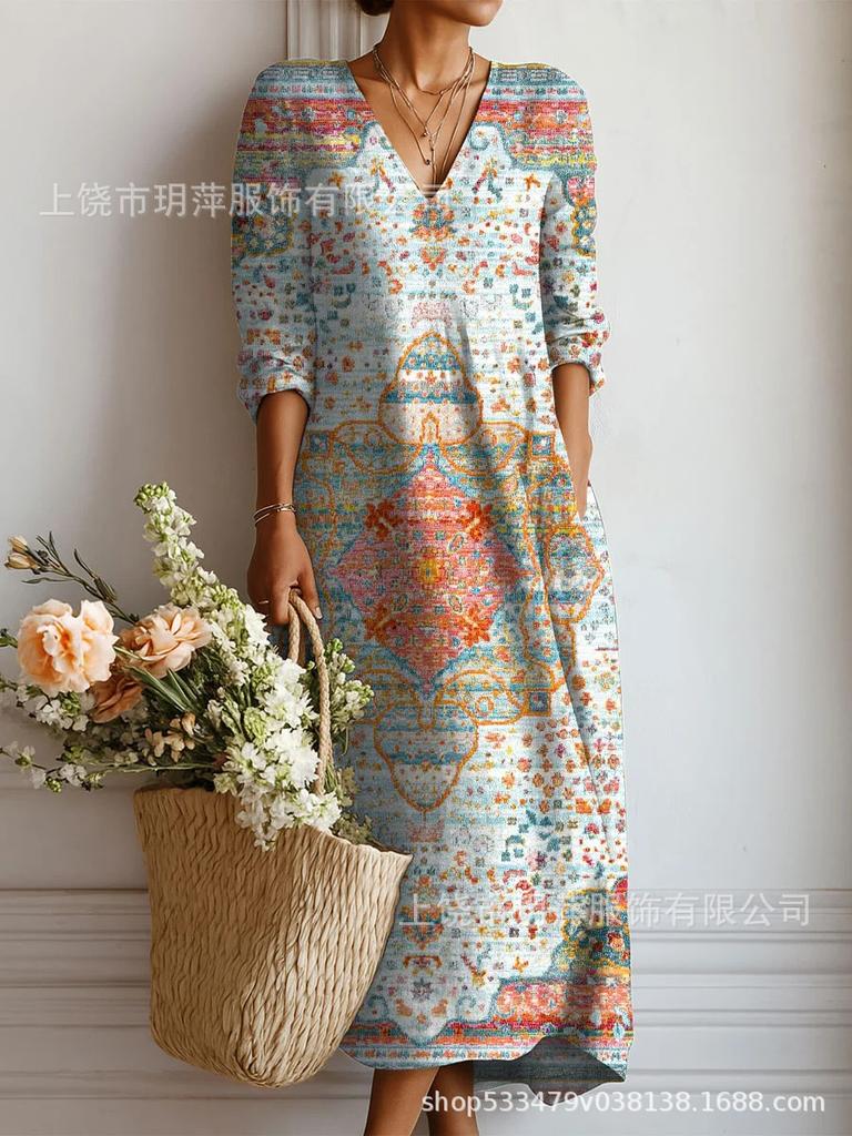 Langes Freizeitkleid mit 3D-Druck - Frische Frühjahrs-/Herbstmode