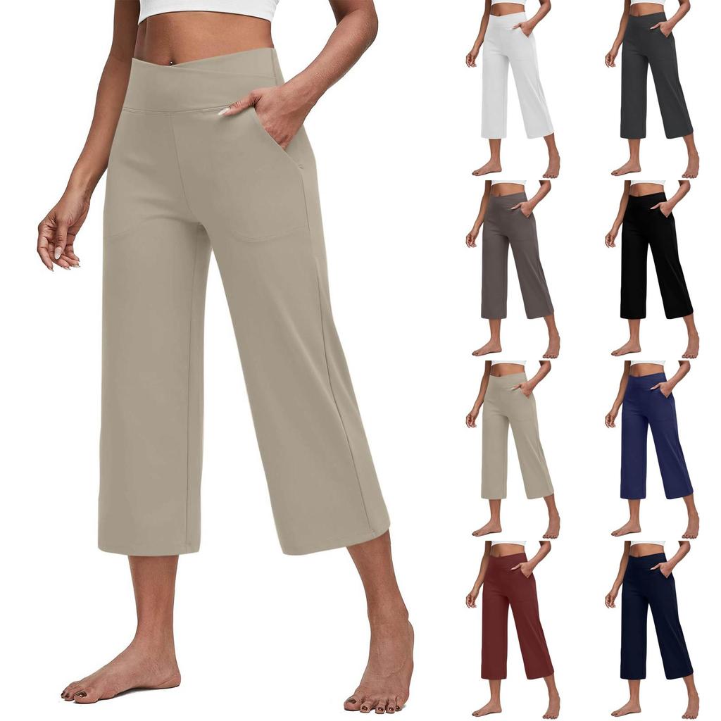 Women Elastic High Waist Casual Fit Wide Capris Leg Pants Yoga Leggings Soft Gym With Pockets
