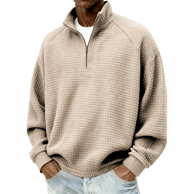 Men's Vintage Check Textured Zip Sweatshirt Stand Collar Long Sleeve Casual Pullover