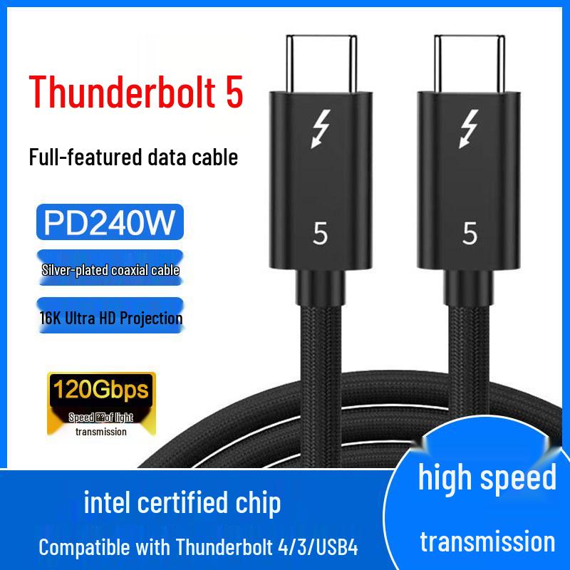 Thunderbolt 5 Type-C Cable: 80Gbps, 16K Display, 240W Charging, Thunderbolt 4 Compatible.