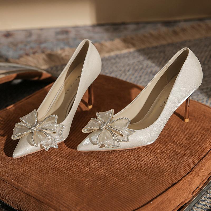 817-11 French High-heeled Wedding Shoes Women's 2025 New Rhinestone Bow Bridal Shoes Pointed Stiletto Single Shoes