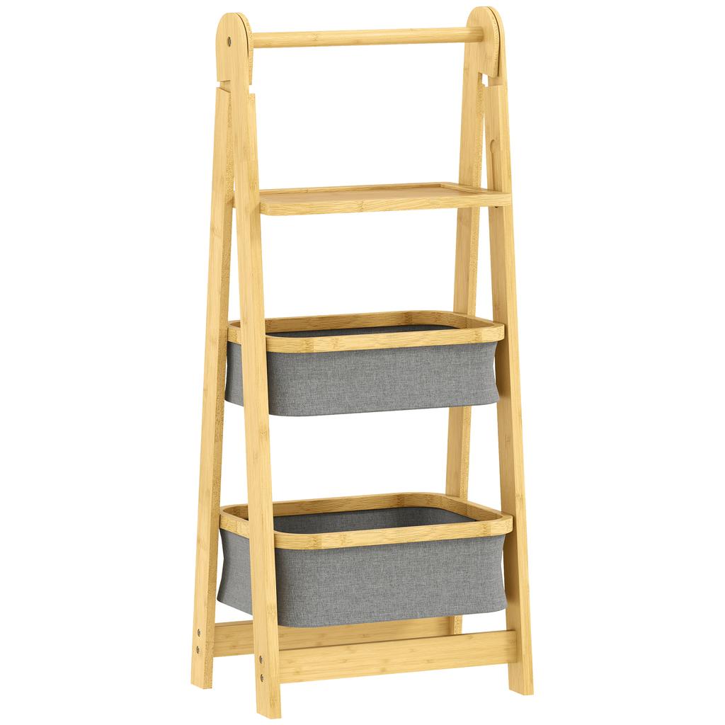 Folding Bamboo Bathroom Shelf with 2 Laundry Baskets Open Shelf Grey