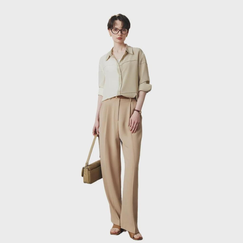 Women's Loose-Fit Silk Shirt - 2025 Spring/Summer, 100% Double Crepe Mulberry Silk, Color-Block Design