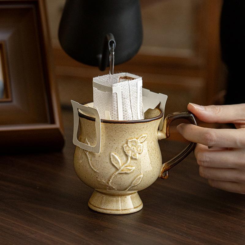 Hibiscus Exquisite Flower Cup Medieval Relief Tall French Ceramic Coffee Cup Water Cup Outlet