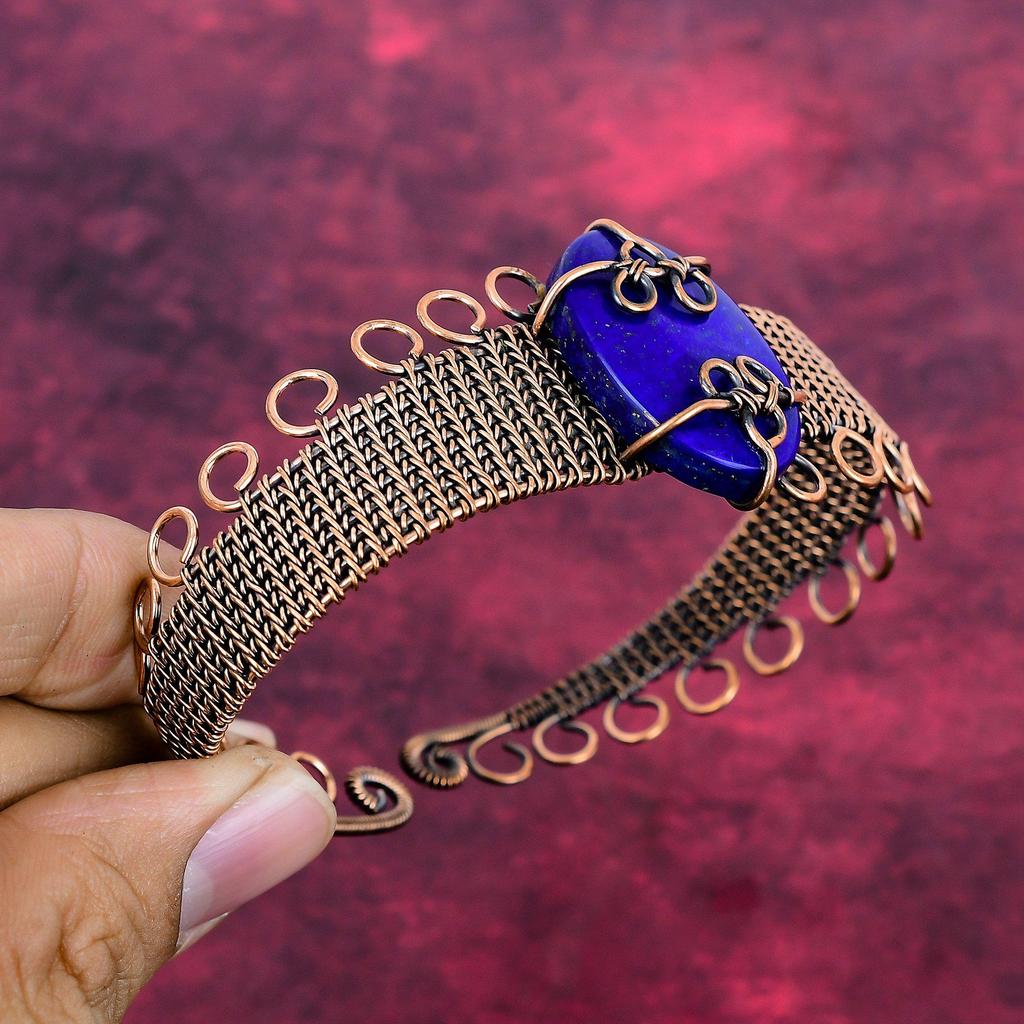 Lapis Lazuli Cuff Bracelet Copper Wire Wrapped Adjustable Bangle Gemstone Jewelry