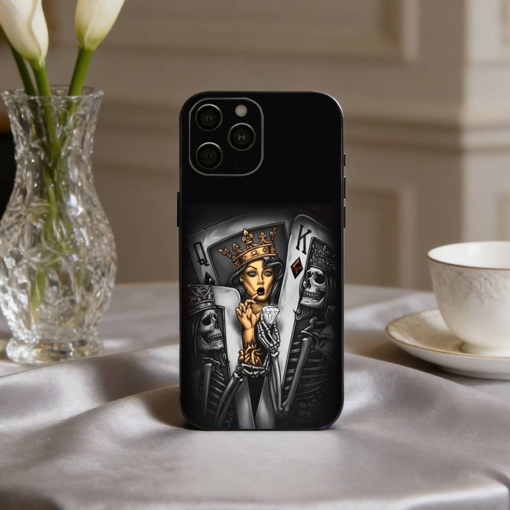 S-Skeleton Q-Queen of Hearts CARD Phone Case For iPhone 17,16,15,14,13,12,11 Plus,Pro Max,XS,Soft Silicone Black Cover