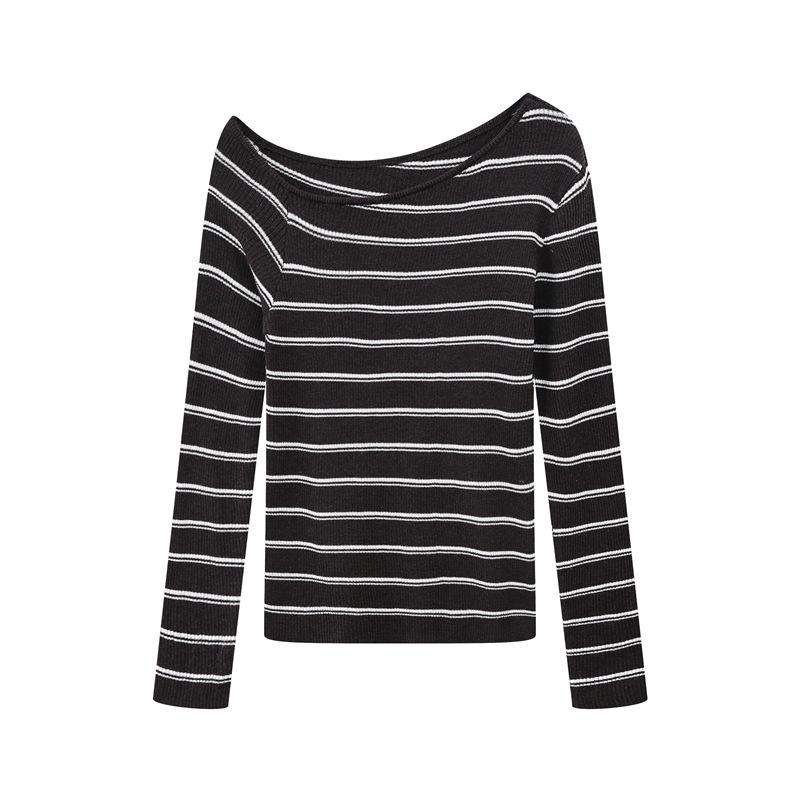 

Autumn Asymmetric Neckline Cutout Slimming Striped Knit T-shirt for Women One Size кофейный