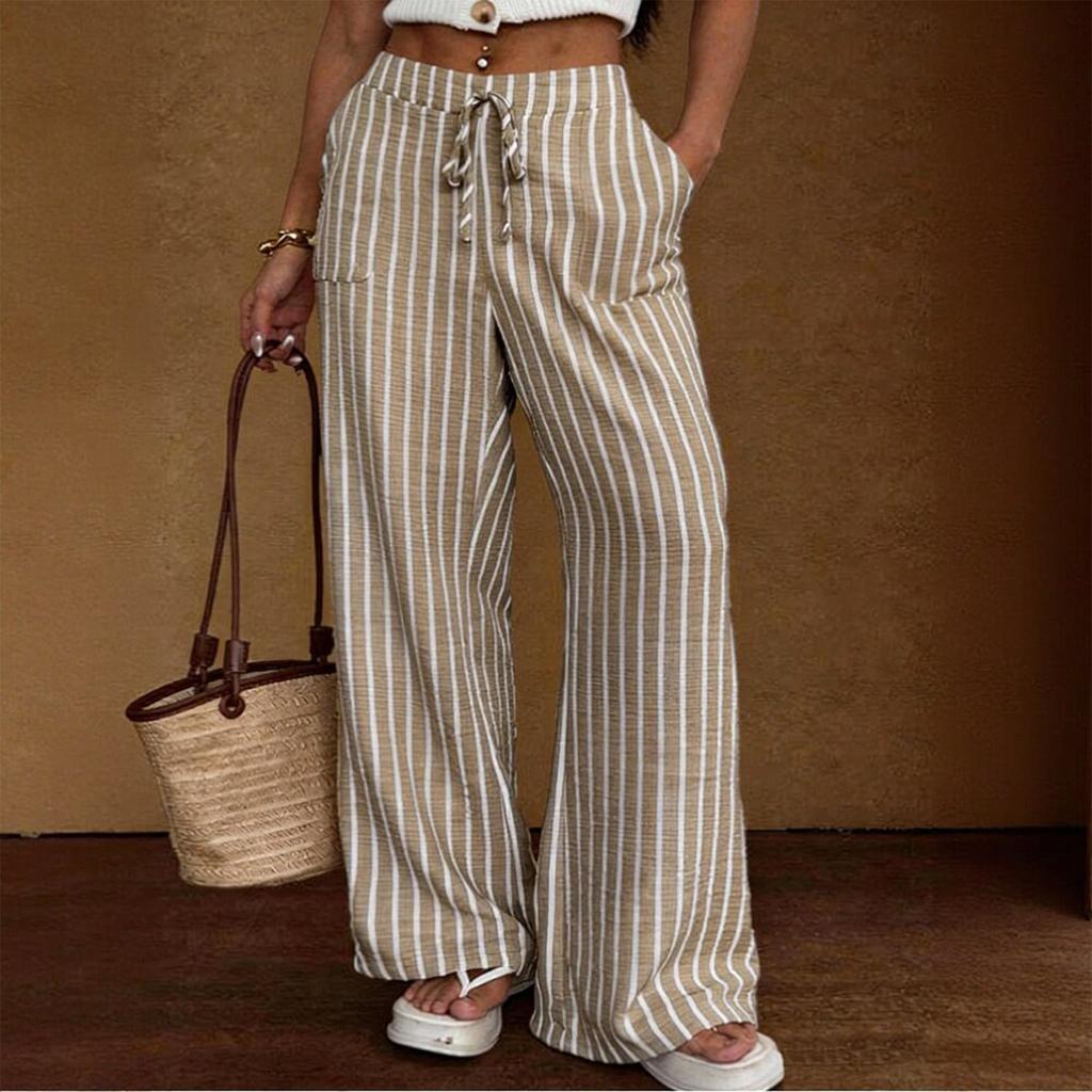 Pantalon Décontracté pour Femme Coupe Ample Jambes Larges Taille à Cordon Motif Rayures Verticales Ceinture Élastique Pantalon Léger Confortable