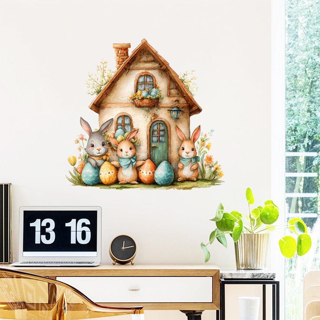 Cute Easter Bunny with Cartoon House Wall Sticker Self-Adhesive Removable for Living Room Entryway Bedroom Home Decor