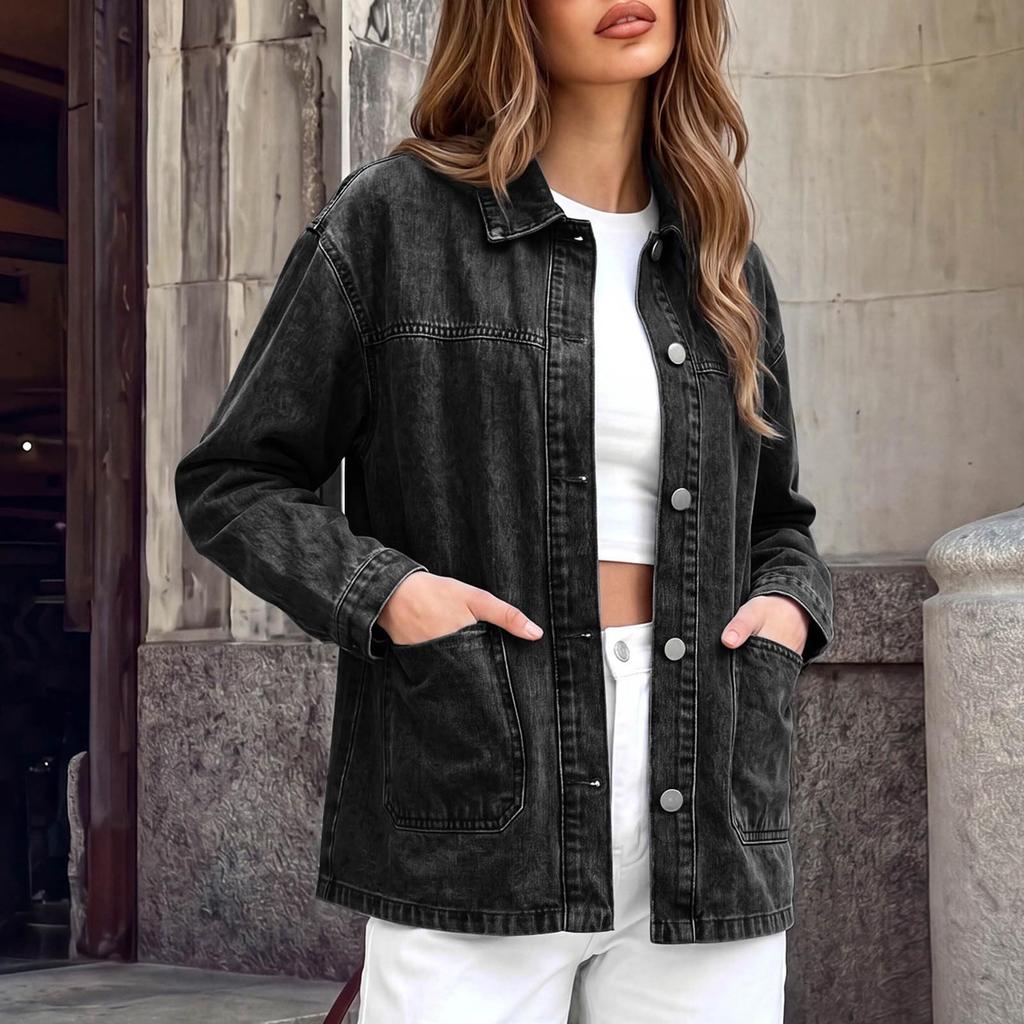 Women's Casual Loose Fit Denim Jacket with Lapel Collar, Drop Shoulder, Long Sleeve, Single Breasted, Two Large Patch Pockets