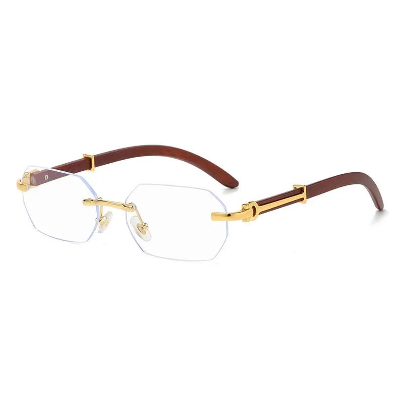 Stylish Rimless Sunglasses for Men Women Frameless Rectangle Wood Frame Sun Eyeglasses Vintage Retro Shades Summer Traveling Glasses UV400