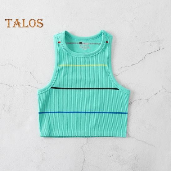 Damski prążkowany top na ramiączkach bez rękawów z okrągłym dekoltem, dopasowany, letni krótki top do noszenia na co dzień, na plażę, do sportu