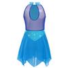Kids Girls Ice Skating Performance Dress: Sleeveless Keyhole Back Rhinestone Metallic Mesh Bodice with Irregular Chiffon Hem for Competition