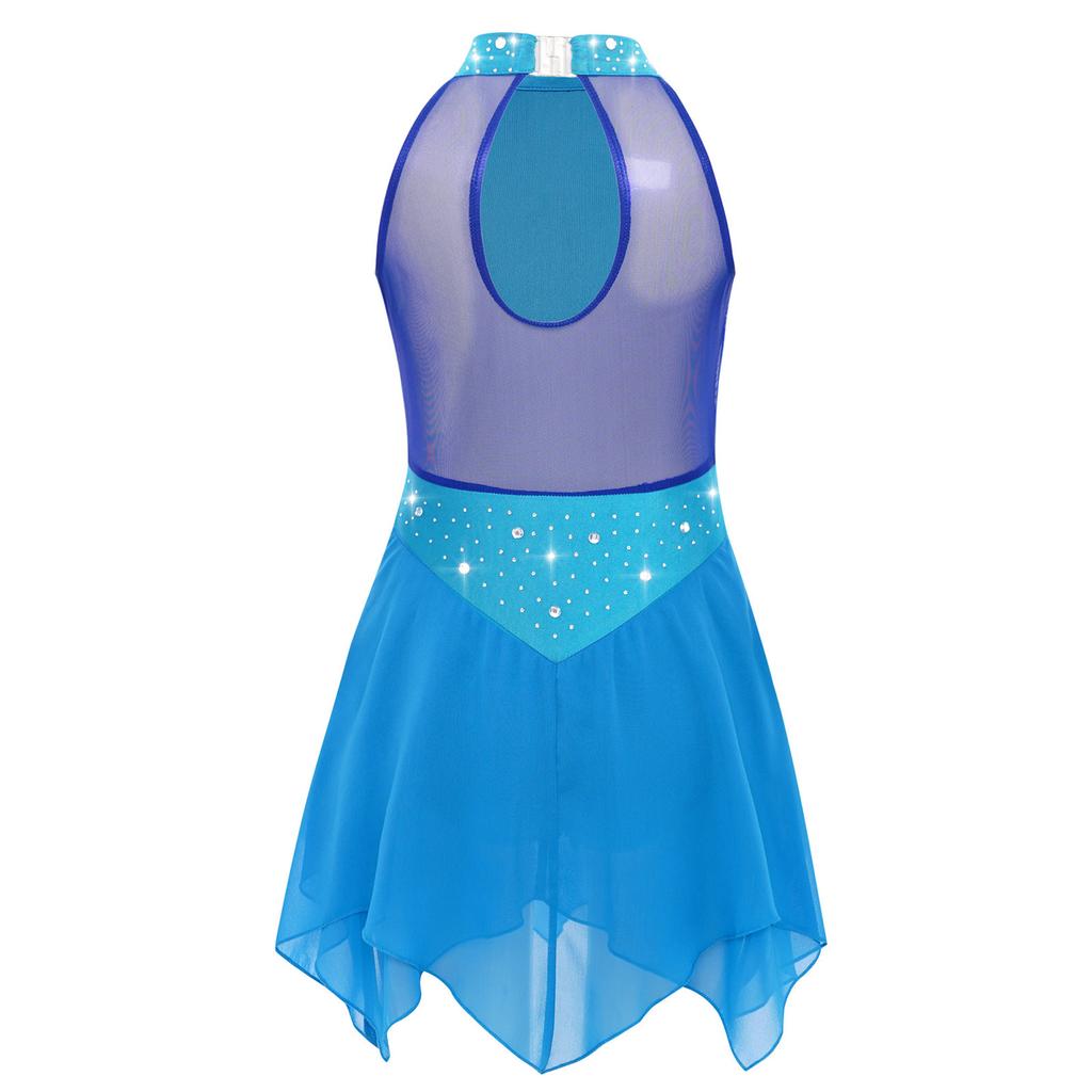 Kids Girls Ice Skating Performance Dress: Sleeveless Keyhole Back Rhinestone Metallic Mesh Bodice with Irregular Chiffon Hem for Competition
