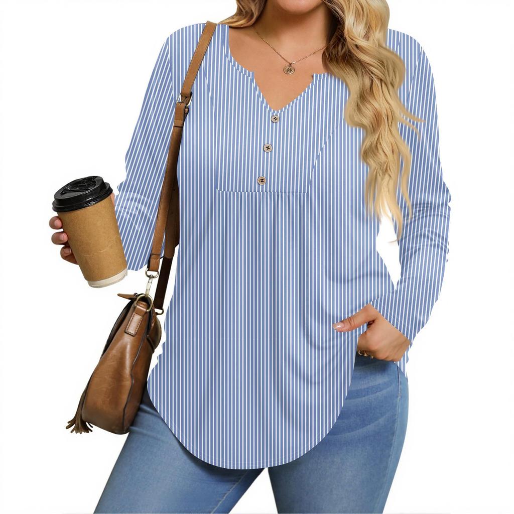Womens Plus Size Long Sleeve Shirts  V Neck Tunic Tops Basic Loose Fit Tee Tops