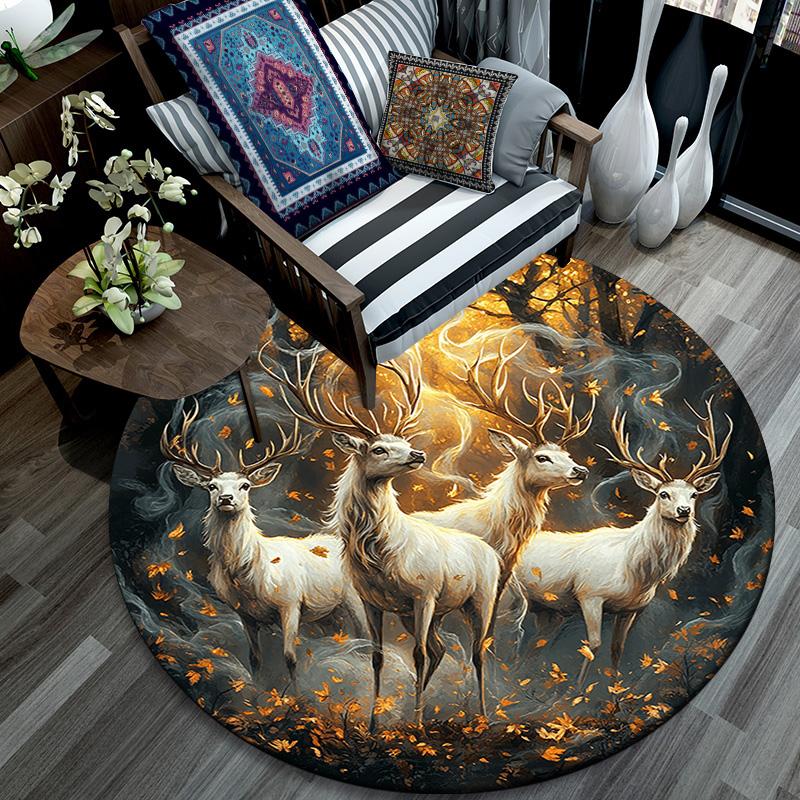 Enchanted Forest Deer Round Area Rug,Carpet Rug for Living Room Bedroom Sofa Playroom Decor,Non-slip Floor Mat
