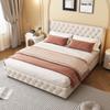 Upholstered Bed 180*200cm with Slatted Frame and Headboard, Button Tufting, Stud Upholstery, Wooden Legs, Linen, Beige
