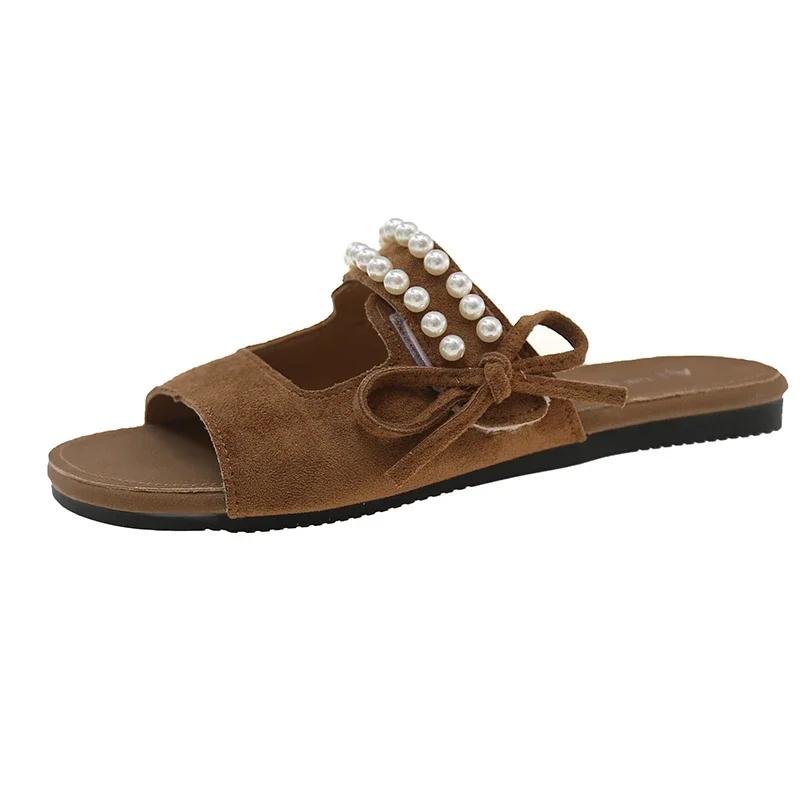 

Женские новые плоские шлепанцы 35-40 круглый носок бант жемчужная отделка сказочный стиль сандалии удобные не устают ноги обувь для通勤 40 коричневый