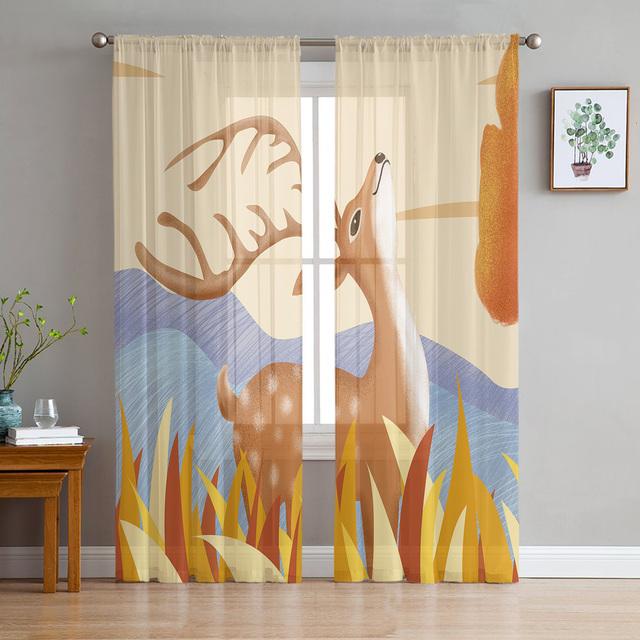 Deer Autumn Winter Forest Modern Sheer Curtains For Living Room Bedroom Tulle Curtains Window Voile Curtain Kitchen Hotel Decor